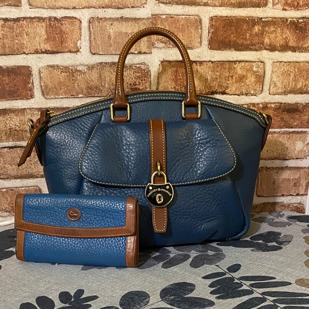 Dooney & Bourke Blue Pebble Leather Satchel with Brown Trim and Wallet